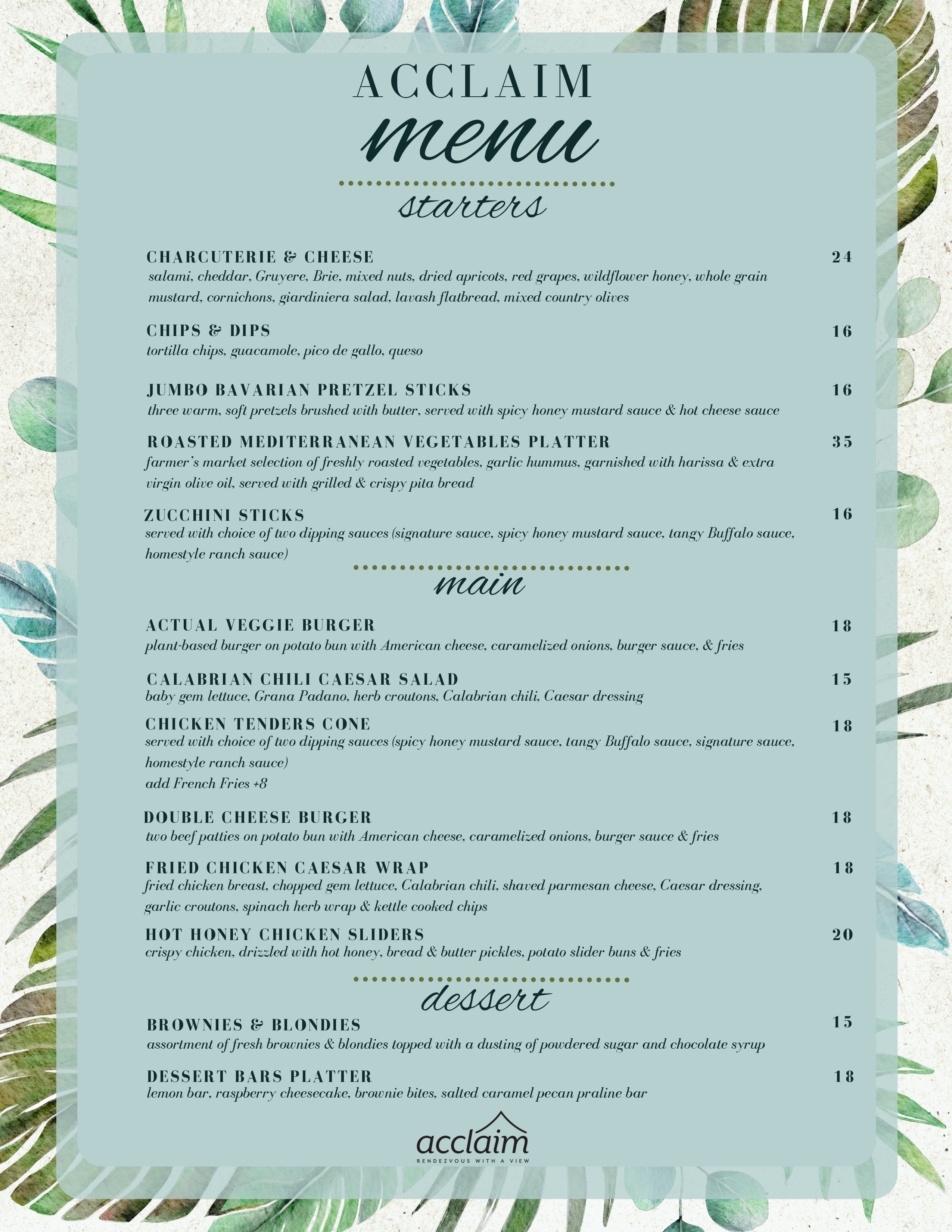 Acclaim Lounge Menu 2025