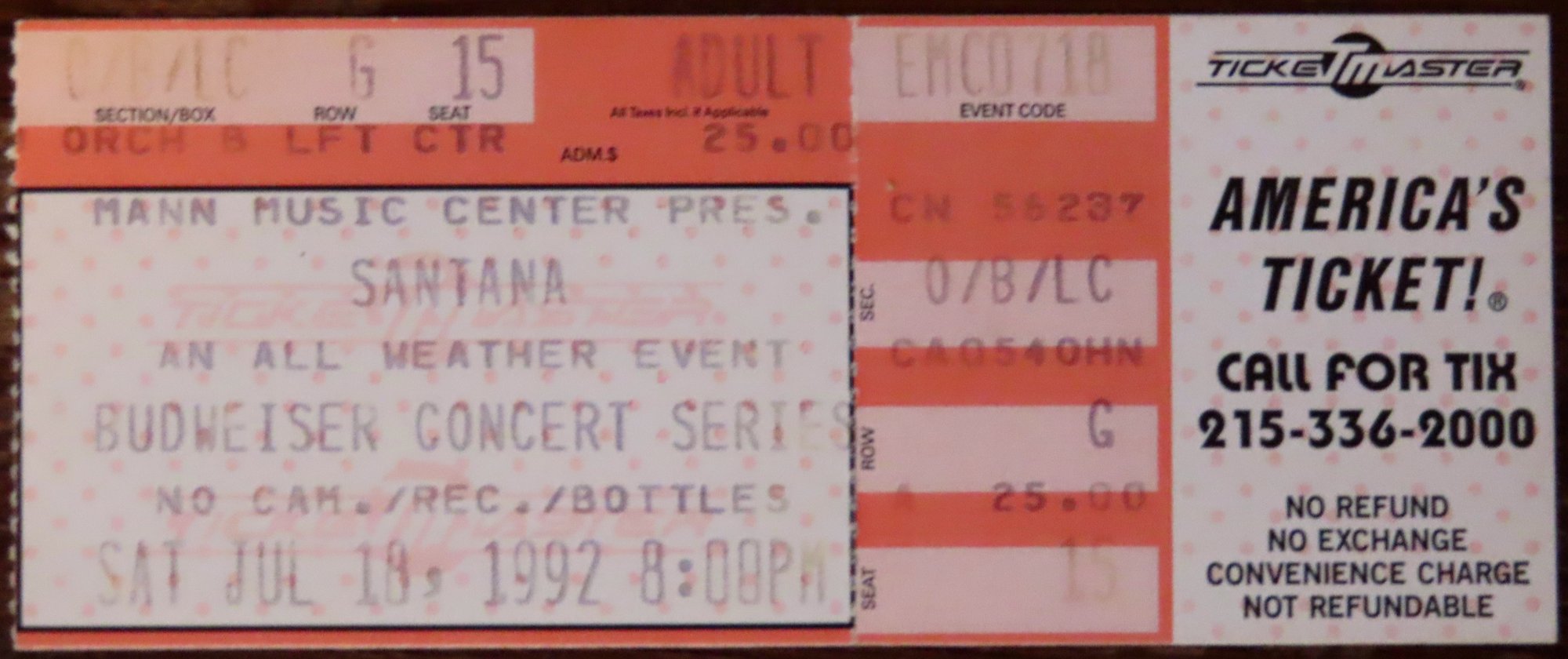 Ticket from Phish's debut performance, opening for Santana on July 18, 1992. 