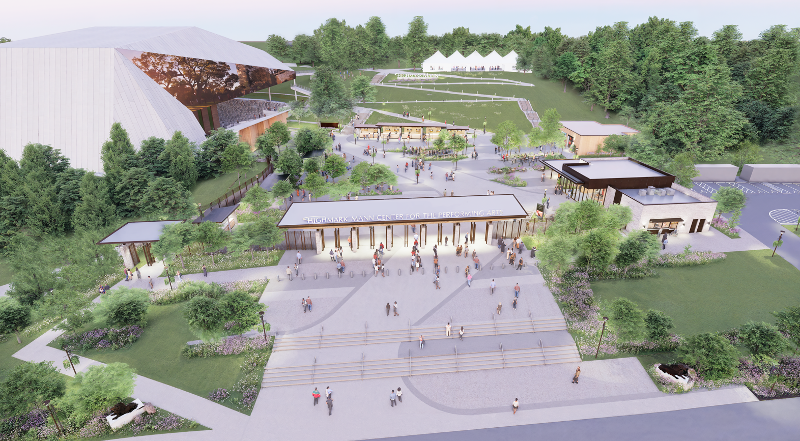 Aerial rendering of Highmark Mann's new expanded entry plaza.