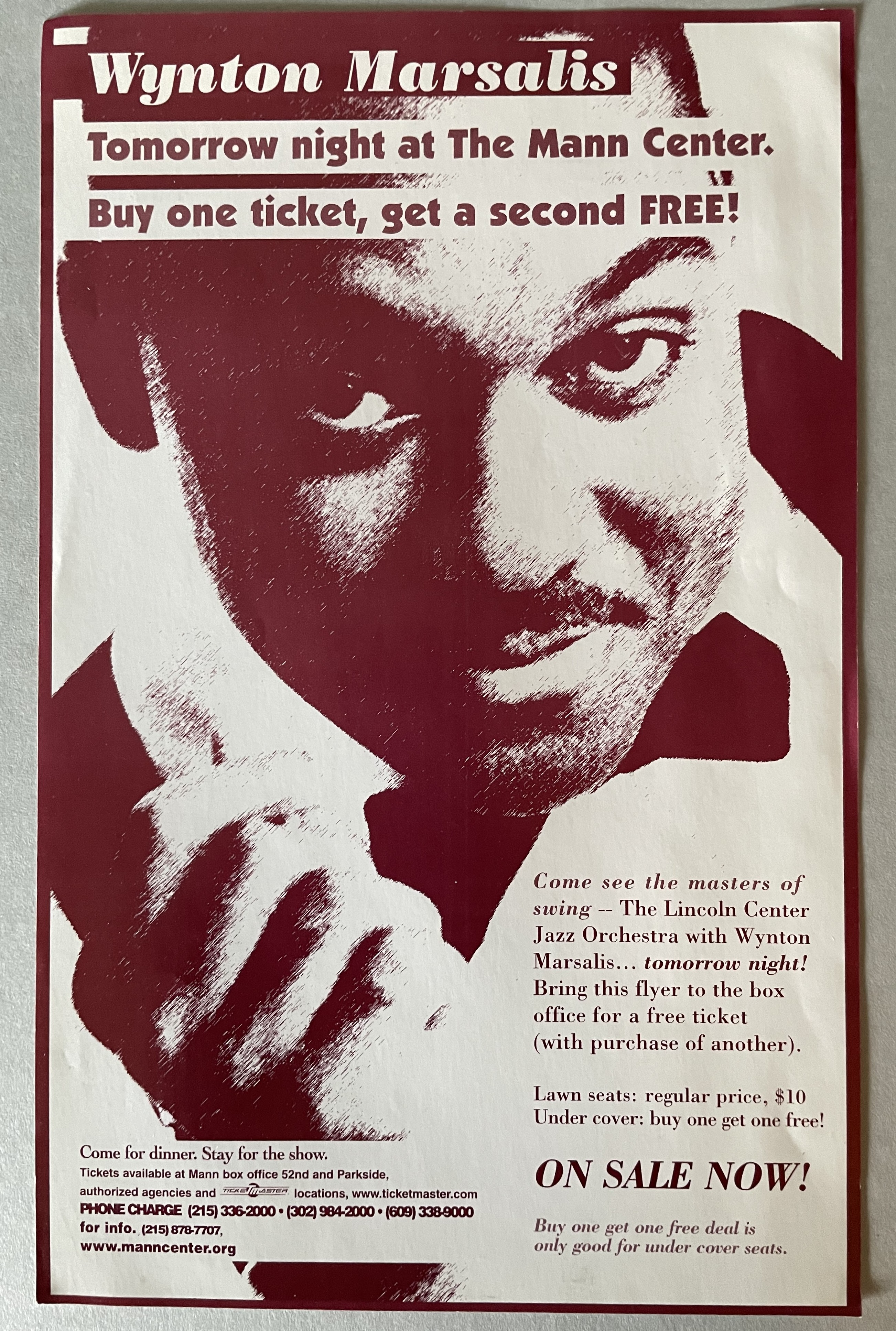 Advertisement for Wynton Marsalis's 1998 performance at the Mann 