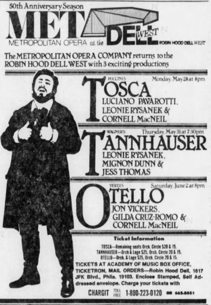 Advertisement for the Metropolitan Opera featuring Luciano Pavarotti at the Robin Hood Dell West.