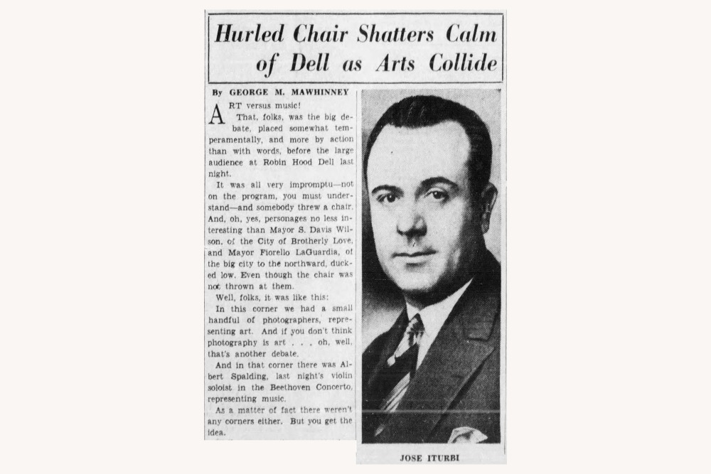 August 20, 1936, Philadelphia Inquirer article, reporting on incident in which Iturbi threw a chair in anger at a Robin Hood Dell concert