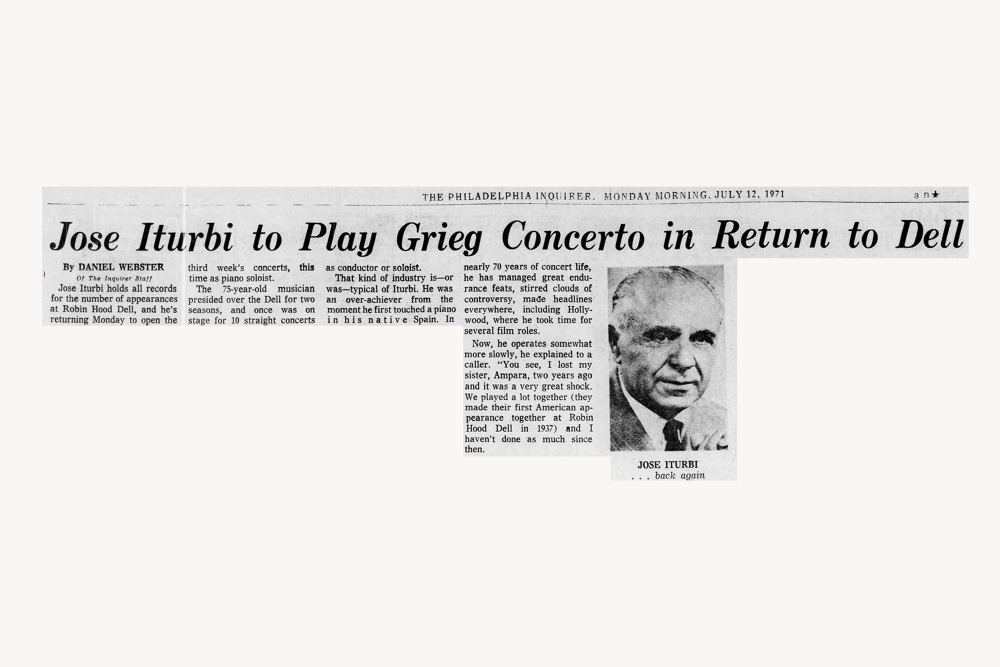 Excerpt from July 12, 1971, Philadelphia Inquirer article on Jose Iturbi’s record-breaking eighty-fourth appearance at Robin Hood Dell