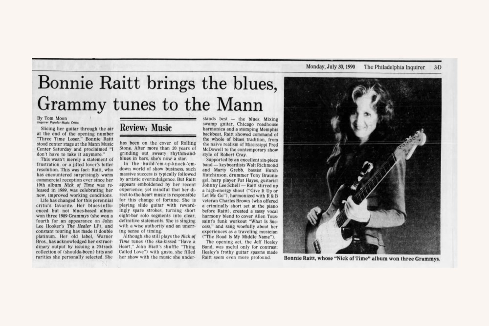 Philadelphia Inquirer review of Bonnie Raitt's July 28, 1990 concert at the Mann