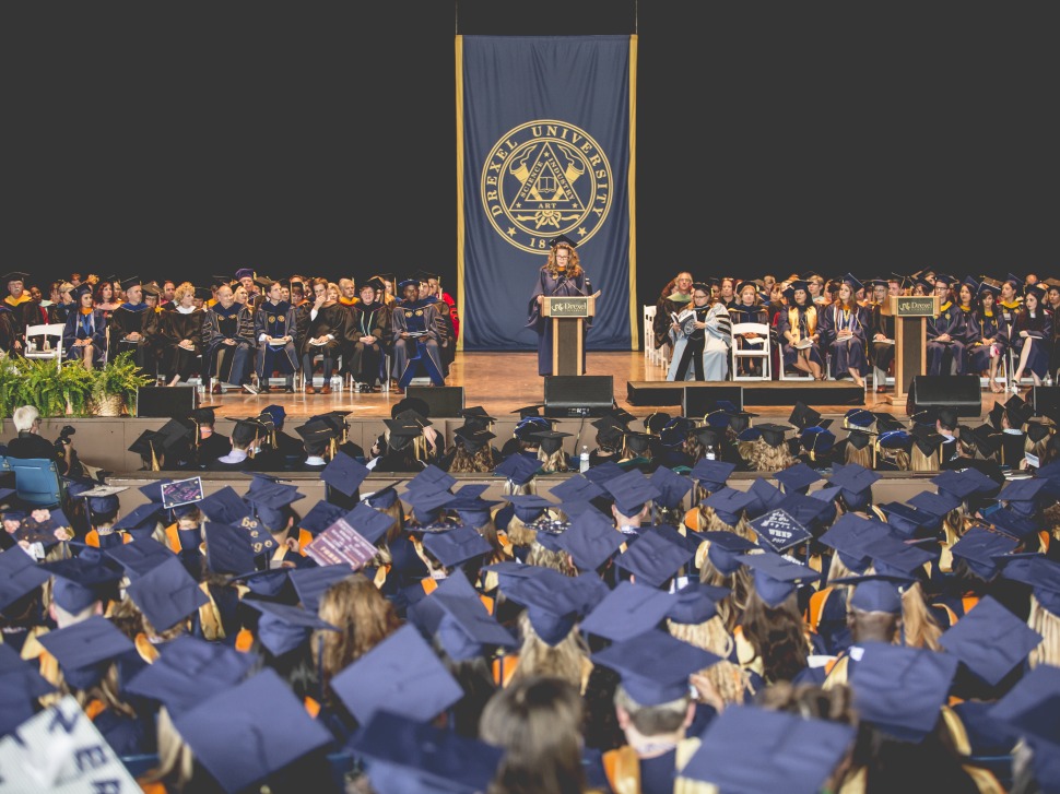 Image of a Drexel University graduation ceremony at the Mann Center